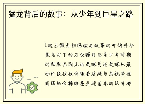 猛龙背后的故事：从少年到巨星之路